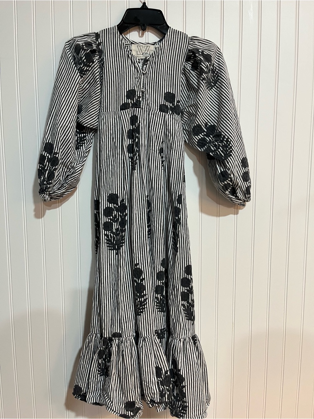 Striped Black and White Floral Tie-Waist Midi Dress - Picture 5 of 7